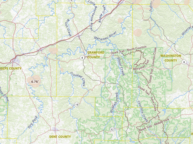 Radar-estimated hail-size map of the storm over Steelville, MO on Jul 4, 2026