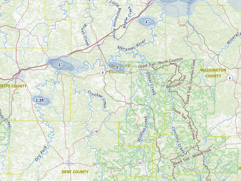 NEXRAD radar-signature map of the hail over Steelville, MO