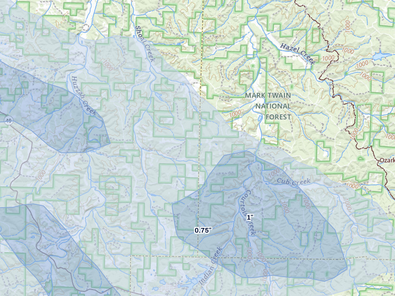 NEXRAD radar-signature map of the hail storm over Steelville, MO on Jul 9, 2026
