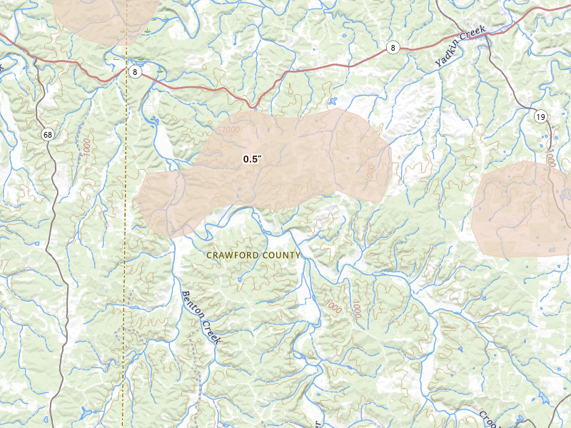 Radar-estimated hail-size map of the storm over Steelville, MO on Jul 31, 2026