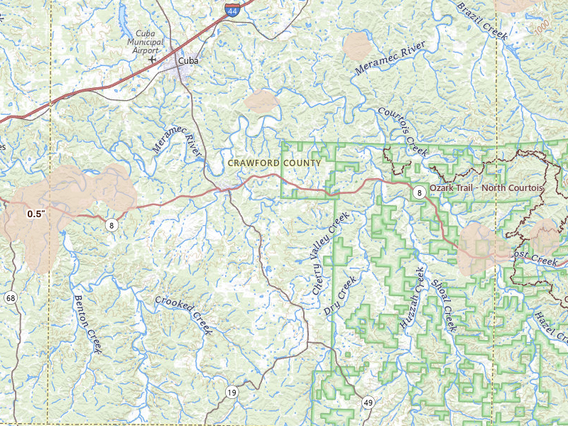 Radar-estimated hail-size map of the storm over Steelville, MO on Aug 5, 2026