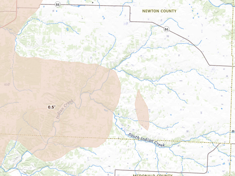 Radar-estimated hail-size map of the storm over Stella, MO on Jun 7, 2026
