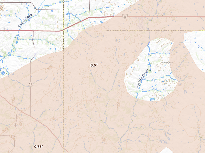 Radar-estimated hail-size map of the storm over Stewartsville, MO on Apr 17, 2026