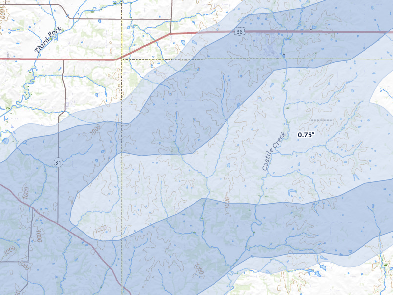 NEXRAD radar-signature map of the hail over Stewartsville, MO