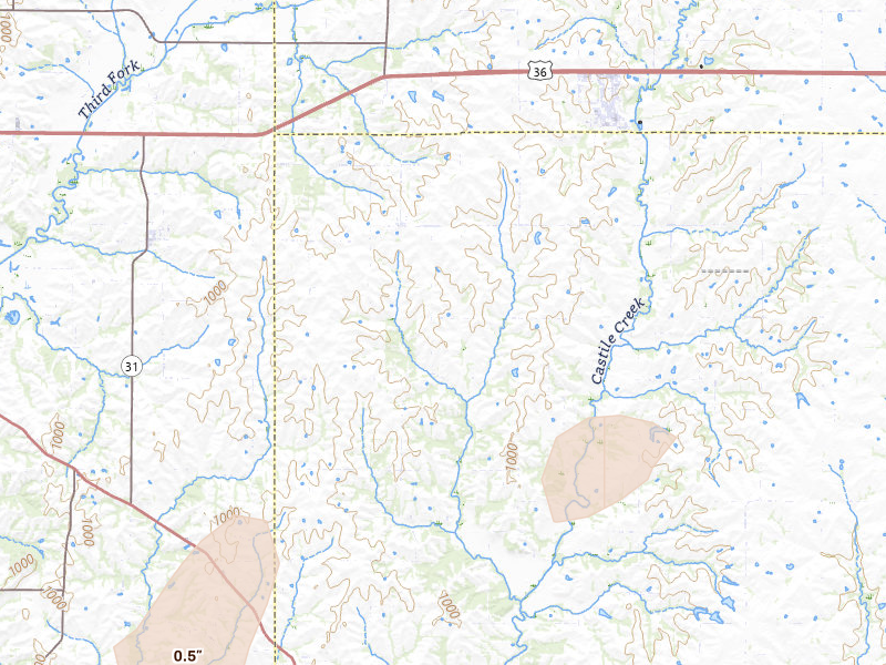 Radar-estimated hail-size map of the storm over Stewartsville, MO on Jun 10, 2026
