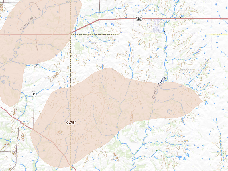 Radar-estimated hail-size map of the storm over Stewartsville, MO on Jul 3, 2026