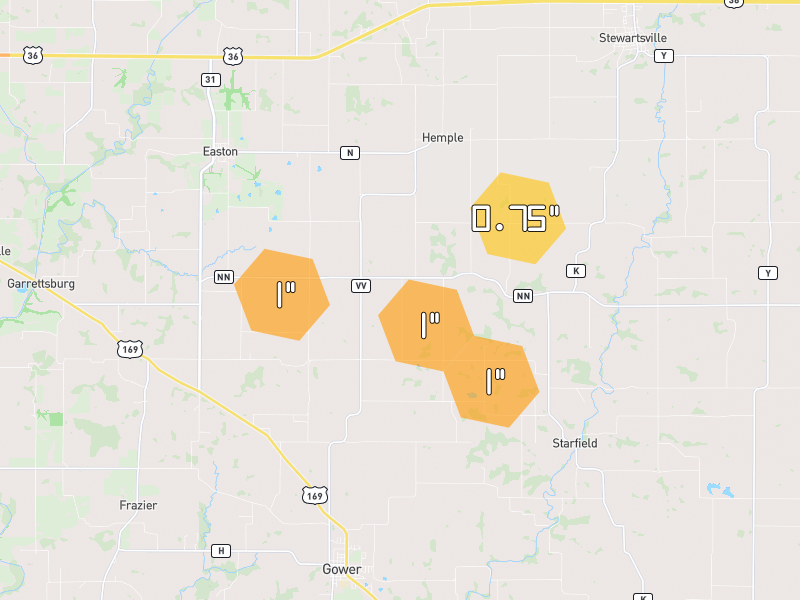 Hail map of Stewartsville, MO on Jul 3, 2026, hail up to 1"