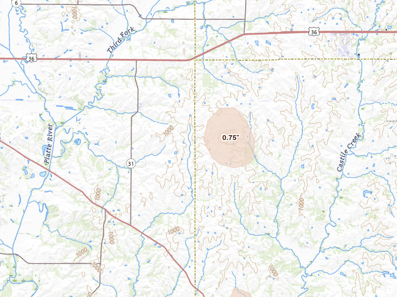 Radar-estimated hail-size map of the storm over Stewartsville, MO on Aug 5, 2026