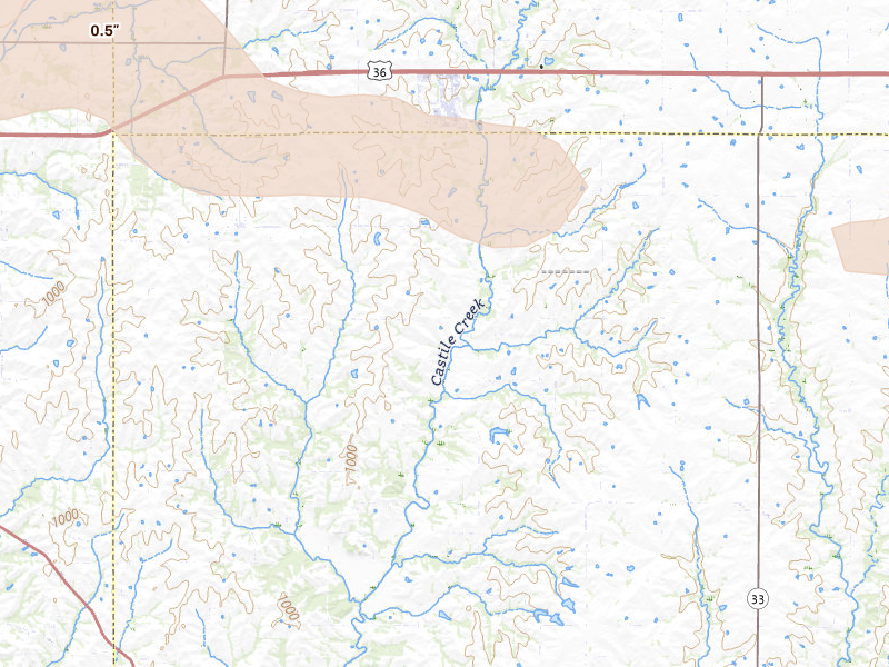 Radar-estimated hail-size map of the storm over Stewartsville, MO on Aug 19, 2026