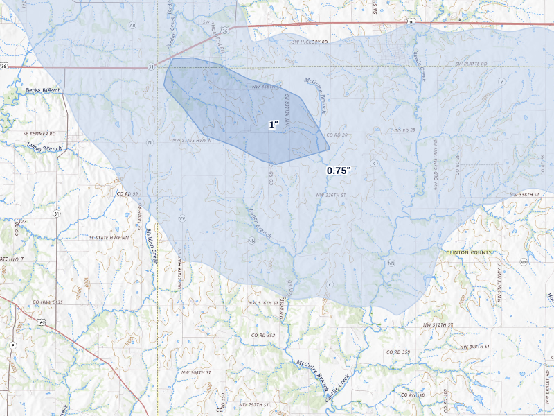 NEXRAD radar-signature map of the hail storm over Stewartsville, MO on Aug 19, 2026
