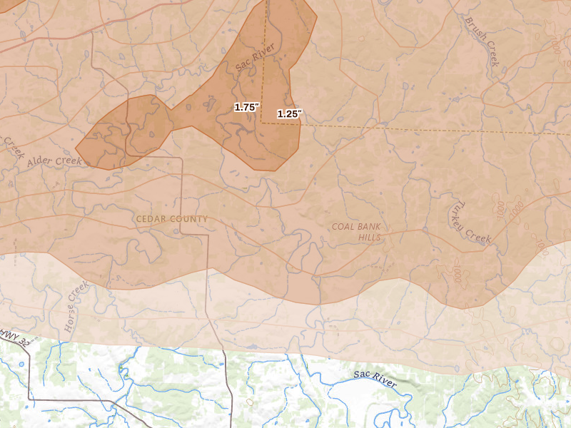 Radar-estimated hail-size map of the storm over Stockton, MO on Apr 26, 2026
