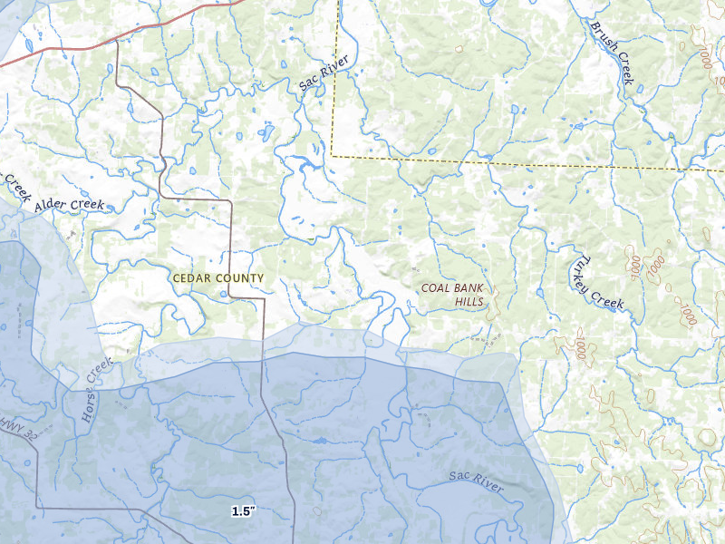 NEXRAD radar-signature map of the hail storm over Stockton, MO on Apr 28, 2026