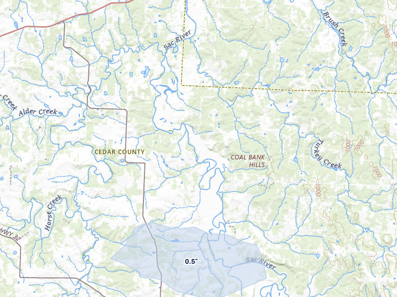NEXRAD radar-signature map of the hail storm over Stockton, MO on Jul 6, 2026
