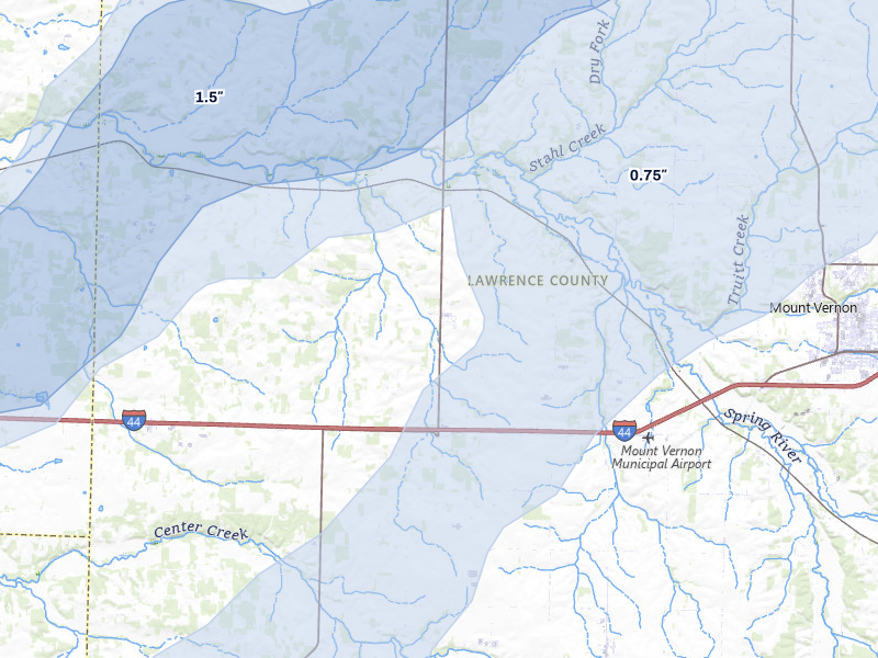 NEXRAD radar-signature map of the hail storm over Stotts City, MO on Mar 4, 2026