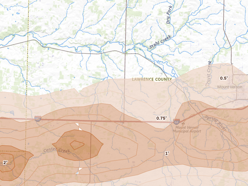 Radar-estimated hail-size map of the storm over Stotts City, MO on Apr 27, 2026