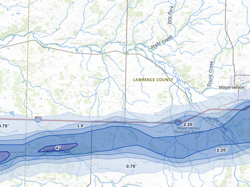 NEXRAD radar-signature map of the hail over Stotts City, MO