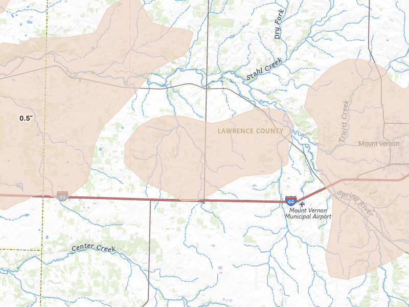 Radar-estimated hail-size map of the storm over Stotts City, MO on Apr 28, 2026