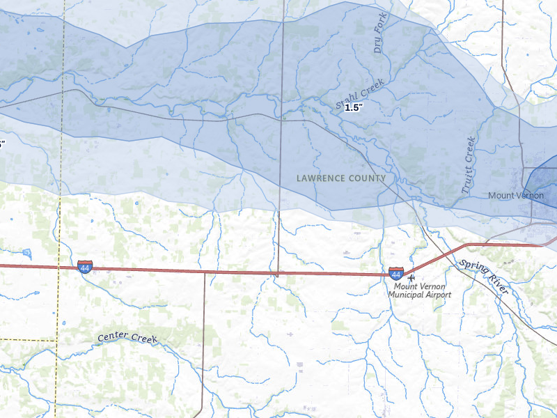 NEXRAD radar-signature map of the hail storm over Stotts City, MO on Apr 28, 2026