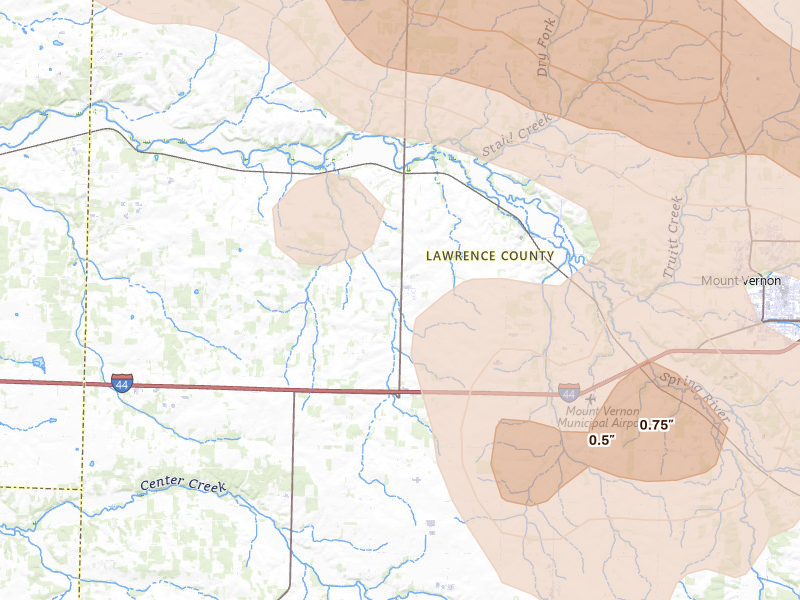 Radar-estimated hail-size map of the storm over Stotts City, MO on May 30, 2026