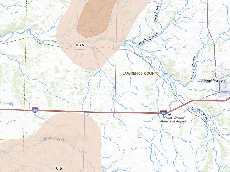 Radar-estimated hail-size map of the storm over Stotts City, MO on Jul 4, 2026