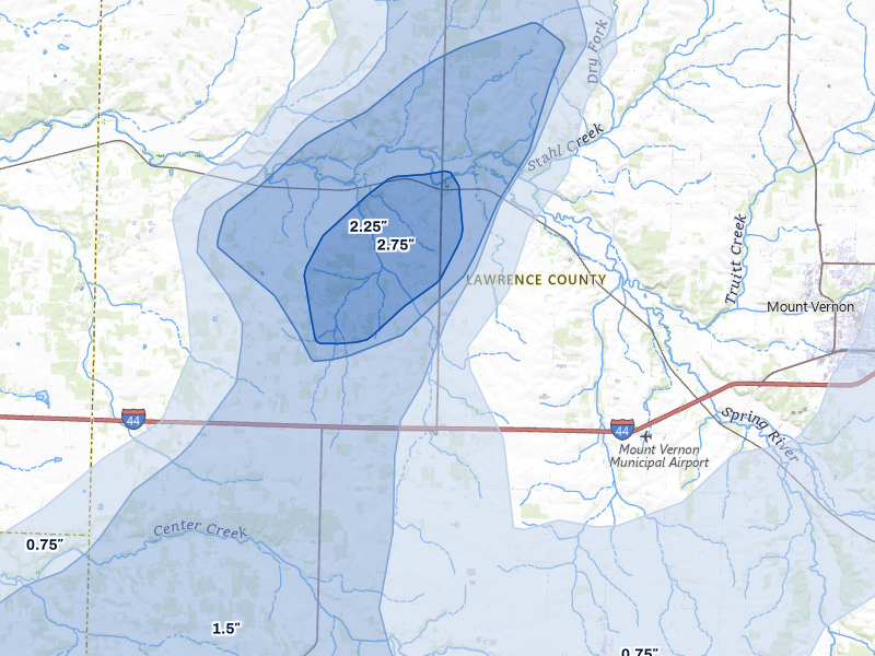 NEXRAD radar-signature map of the hail over Stotts City, MO