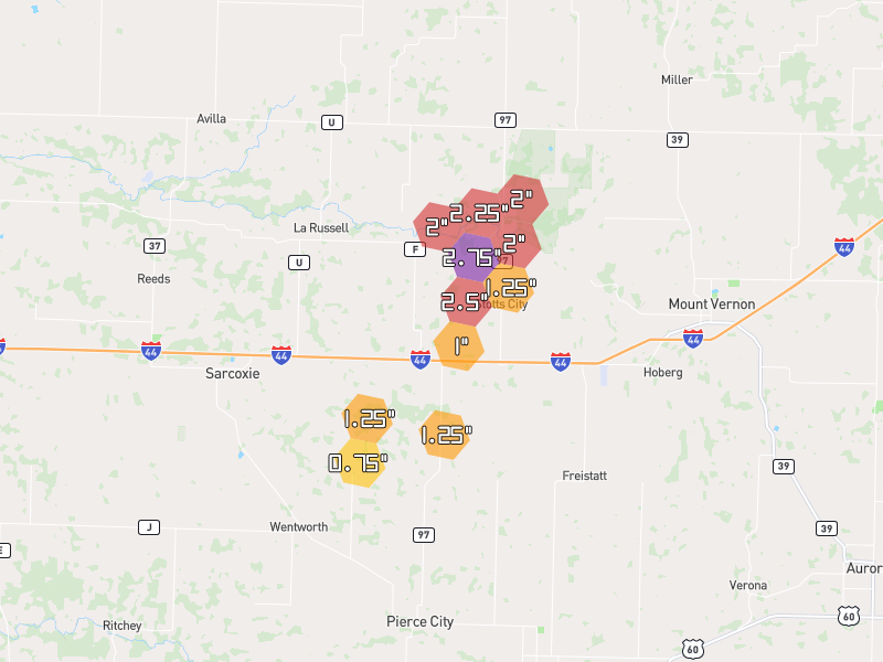 Hail map of Stotts City, MO on Jul 5, 2026, hail up to 2.75"