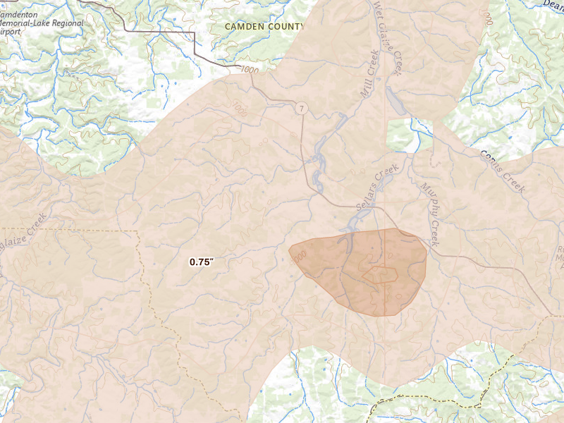Radar-estimated hail-size map of the storm over Stoutland, MO on Apr 26, 2026