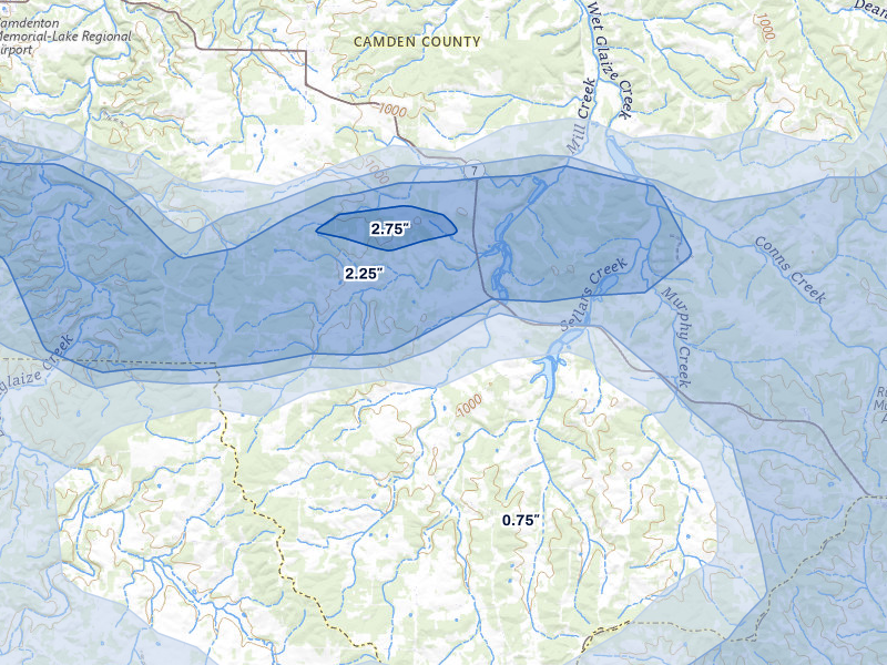 NEXRAD radar-signature map of the hail storm over Stoutland, MO on Apr 26, 2026