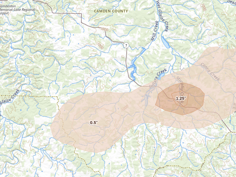 Radar-estimated hail-size map of the storm over Stoutland, MO on Apr 27, 2026