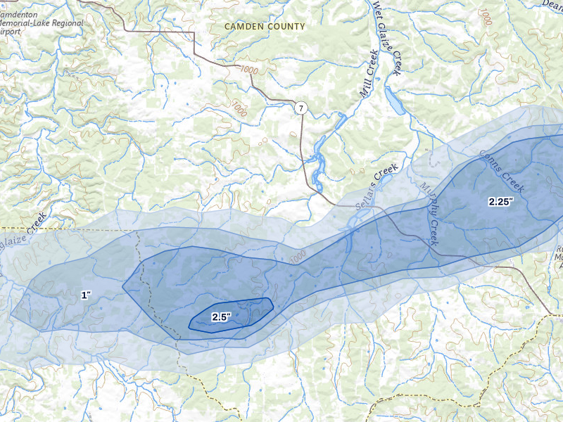 NEXRAD radar-signature map of the hail storm over Stoutland, MO on Apr 27, 2026