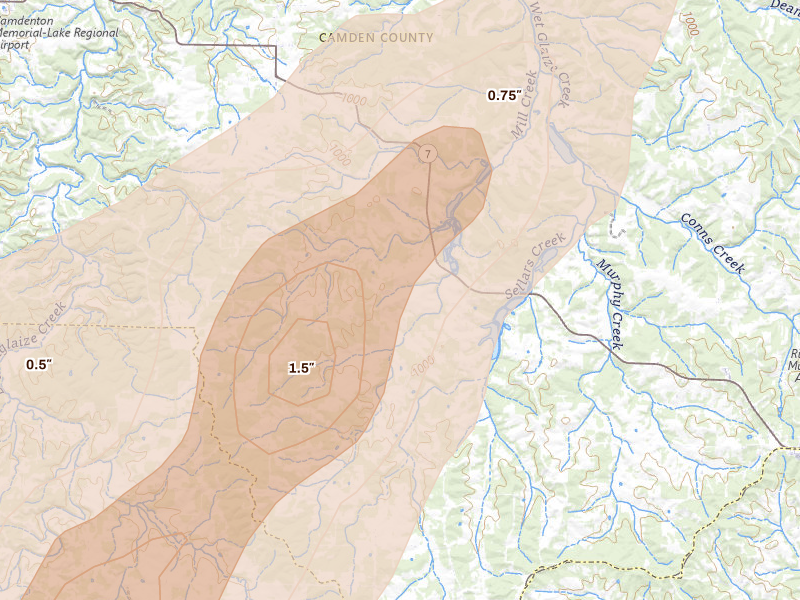 Radar-estimated hail-size map of the storm over Stoutland, MO on Apr 28, 2026