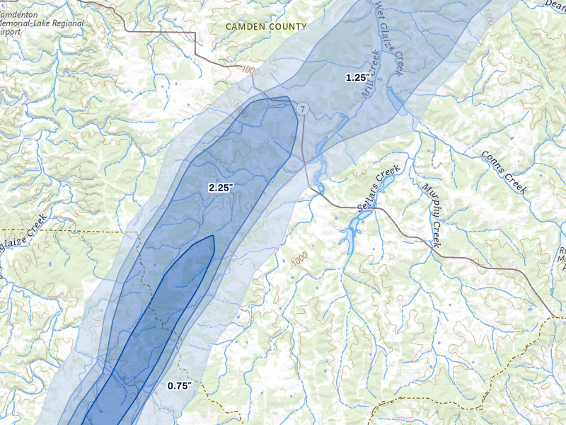 NEXRAD radar-signature map of the hail storm over Stoutland, MO on Apr 28, 2026