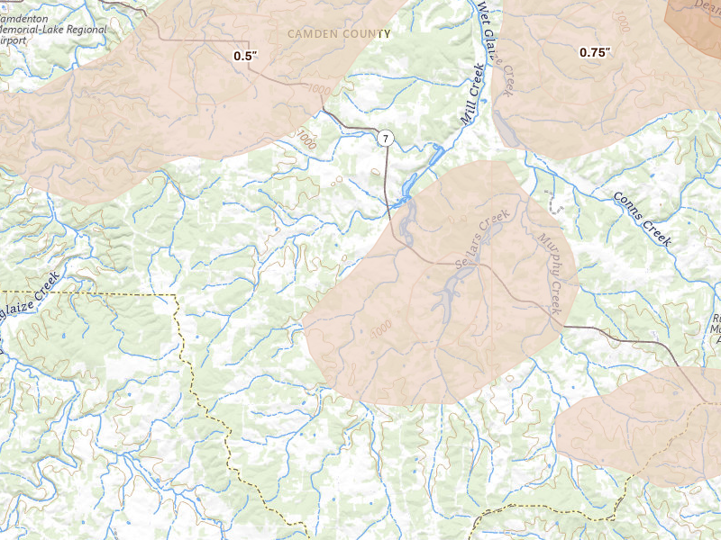 Radar-estimated hail-size map of the storm over Stoutland, MO on May 31, 2026