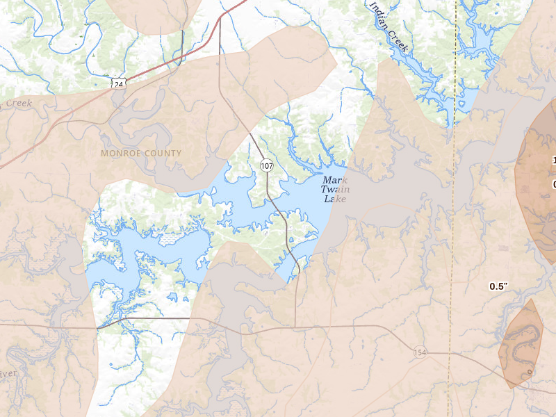 Radar-estimated hail-size map of the storm over Stoutsville, MO on Apr 27, 2026