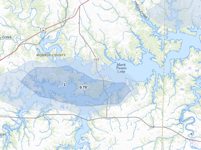 NEXRAD radar-signature map of the hail over Stoutsville, MO