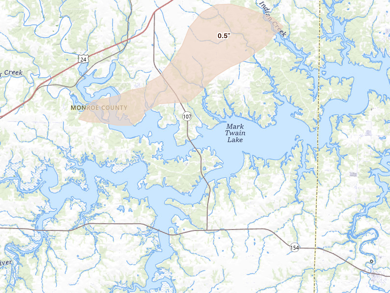 Radar-estimated hail-size map of the storm over Stoutsville, MO on May 31, 2026