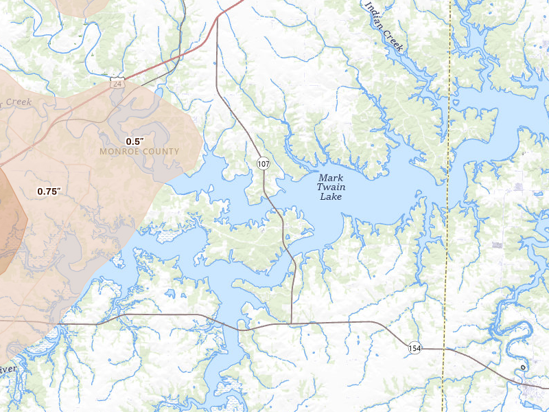 Radar-estimated hail-size map of the storm over Stoutsville, MO on Jun 10, 2026