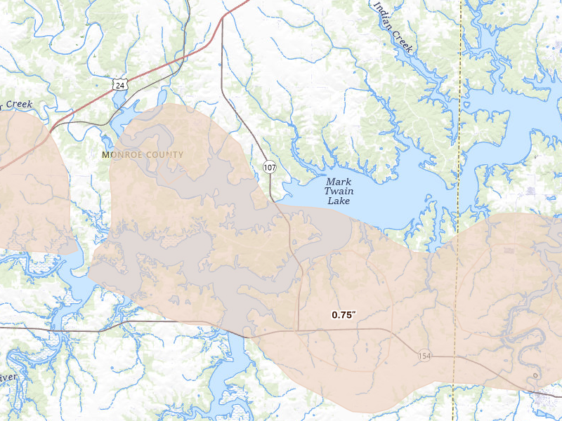Radar-estimated hail-size map of the storm over Stoutsville, MO on Jun 17, 2026