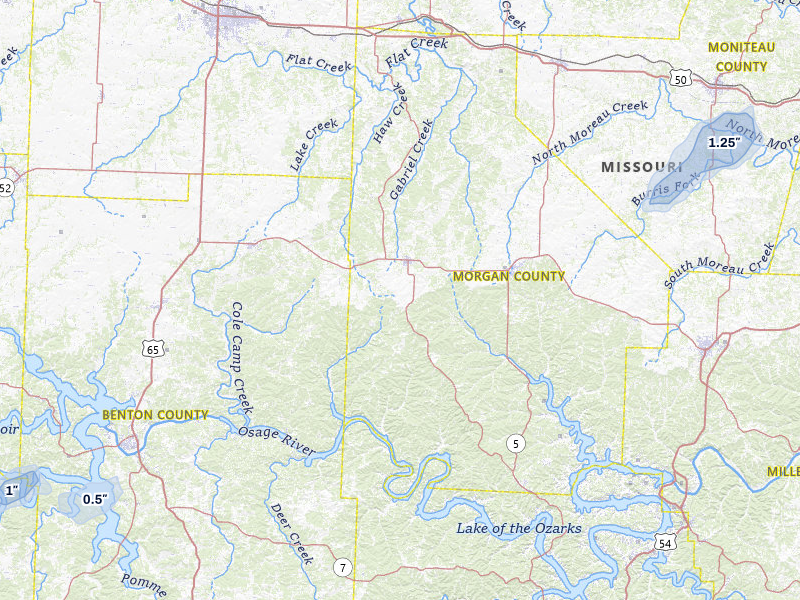 NEXRAD radar-signature map of the hail over Stover, MO