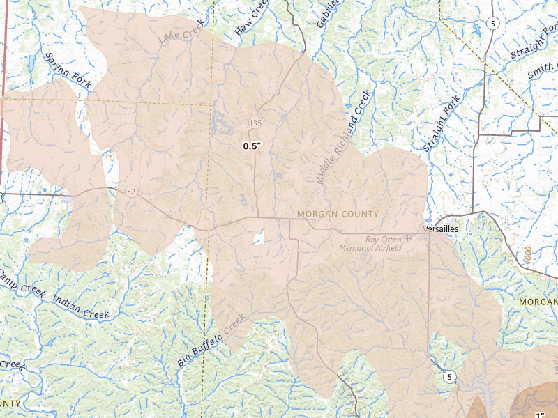 Radar-estimated hail-size map of the storm over Stover, MO on Aug 18, 2026