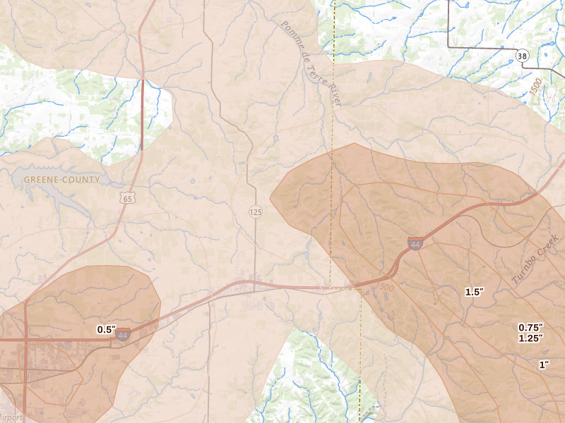 Radar-estimated hail-size map of the storm over Strafford, MO on Aug 6, 2026