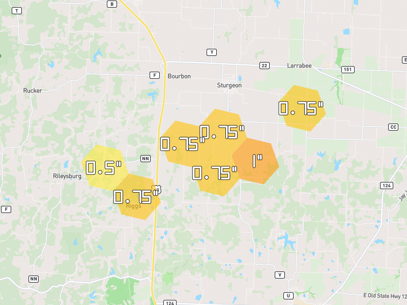 Hail map of Sturgeon, MO on Jun 1, 2026, hail up to 1"