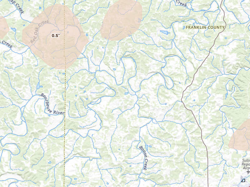 Radar-estimated hail-size map of the storm over Sullivan, MO on Apr 27, 2026