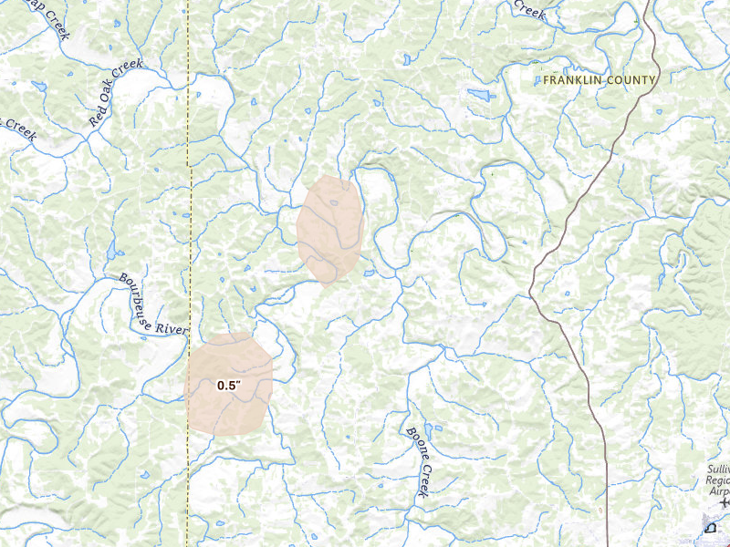 Radar-estimated hail-size map of the storm over Sullivan, MO on Jul 5, 2026