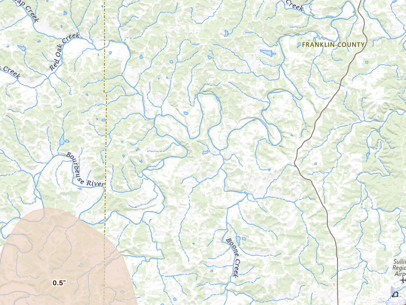Radar-estimated hail-size map of the storm over Sullivan, MO on Jul 9, 2026