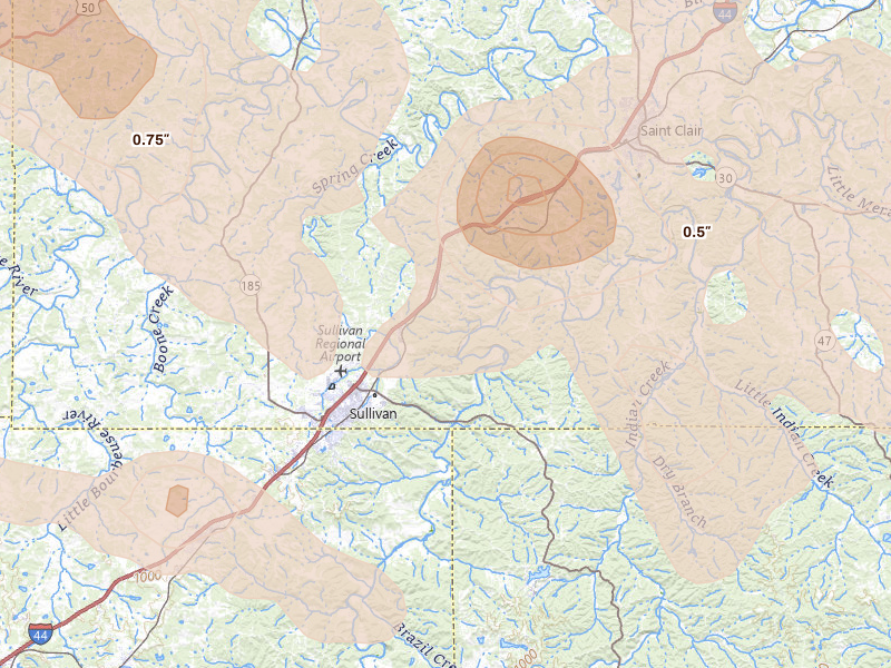 Radar-estimated hail-size map of the storm over Sullivan, MO on Aug 12, 2026