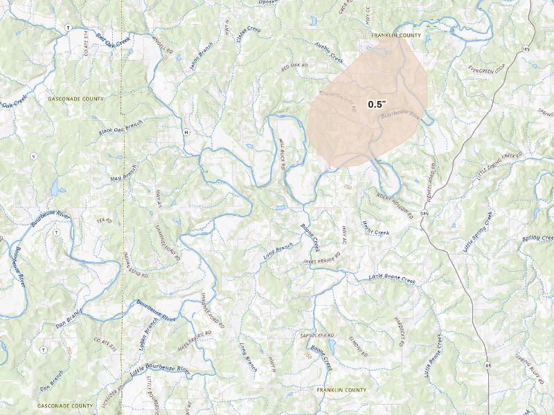 Radar-estimated hail-size map of the storm over Sullivan, MO on Sep 16, 2026