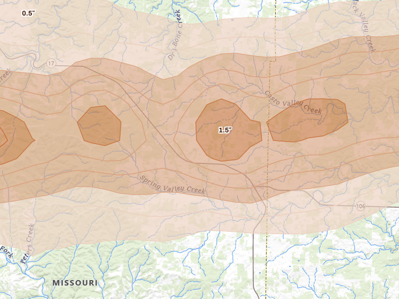Radar-estimated hail-size map of the storm over Summersville, MO on Apr 27, 2026
