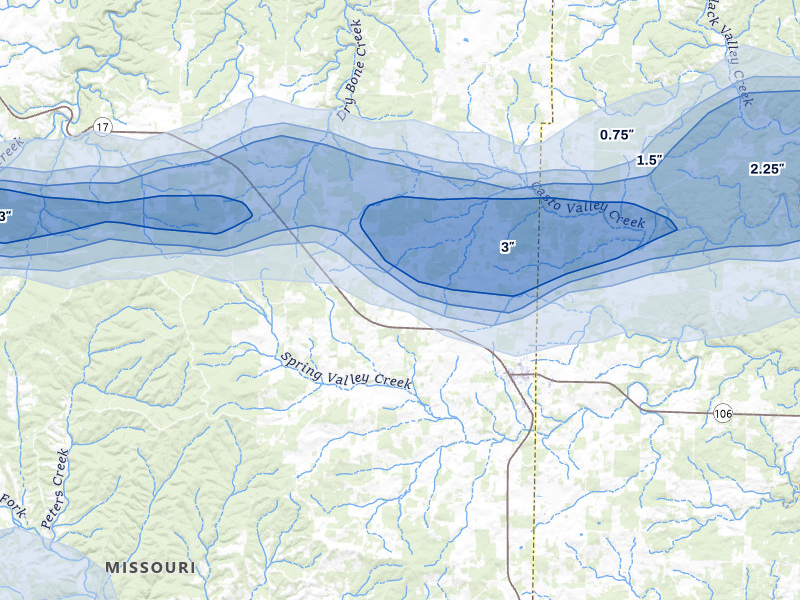 NEXRAD radar-signature map of the hail over Summersville, MO