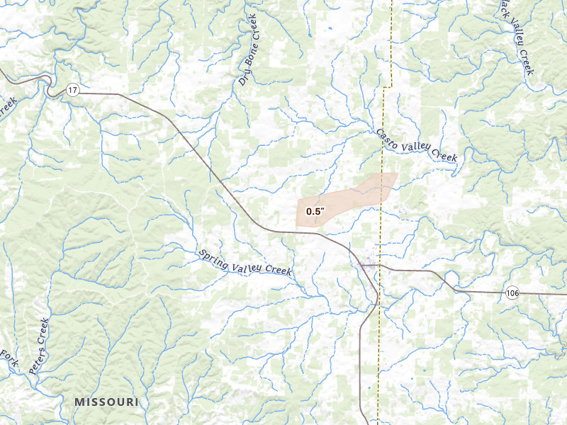 Radar-estimated hail-size map of the storm over Summersville, MO on Apr 28, 2026